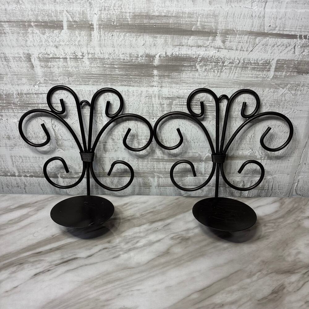 Black Wrought Iron Scroll Wall Candle Sconces Set of Two